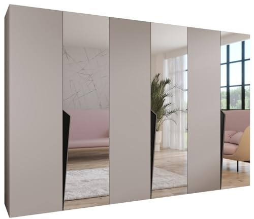 MEBLE KRYSPOL - Kleiderschrank - Garderobenschrank - 300 cm x 202 x 52 cm - Schrank mit Kleiderstange und Spiegel, 6 Türen - für Schlafzimmer, Flur - Piano, Kaschmir, Griff Schwarz