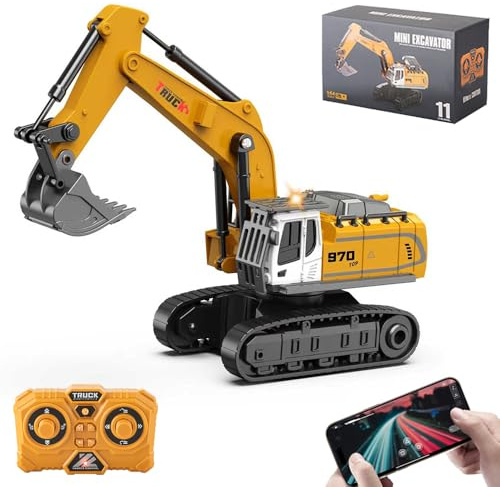 X-Verse Jouet pelleteuse télécommandée à l'échelle 1:64, mini pelleteuse RC avec lumière et effets sonores, rotation à 320°, véhicule de chantier télécommandé pour enfants, cadeau