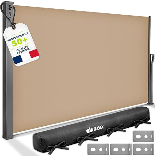 tillvex® Seitenmarkise 200 x 400 cm ausziehbar & Blickdicht mit Regencover | Sichtschutz Balkon, Garten & Terrasse | Outdoor Seitenrollo mit Wandhalterung | Sonnenschutz Markise aus rostfreiem Stahl