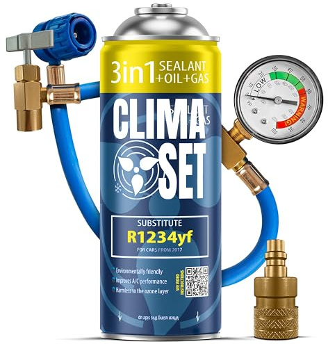 CLIMASET - Kit 3en1 R 1234yf pour Recharge de Climatisation, Huile, Produit Anti-Fuites, Tuyau et Adaptateur - Kit de Recharge de Gaz pour Climatisation -Kit de Recharge pour Climatisation Automobile