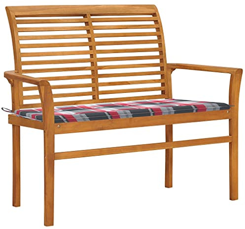Casvera Gartenbank aus massivem Teakholz mit roter Karomuster-Auflage 112 cm, wetterfest für Terrasse Balkon Garten, inklusive bequemem Sitzkissen, ideal als Ruhebank mit Lehne und Armlehne