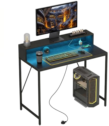 HOMCOM 100cm Computer Desk LED Lights, Power Outlets, Black Wood-Effect | Gaming Desk with Monitor Stand, Computer Table with Remote, for Home Office Study