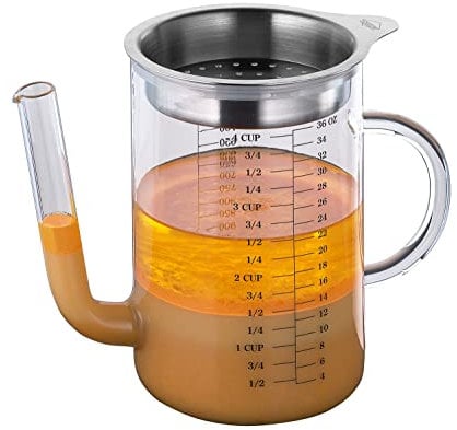 Küchenprofi Fett-Trennkanne 1 Liter, Aus Glas & Rostfreiem Edelstahl, Soßenkanne für Bratensaft, Fetttrenner, Fetttrennkanne Glas, Fettabscheider für Soßen, Integriertes Sieb und Messskala, Silber / Transparent