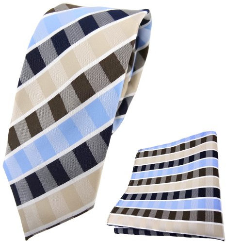 TigerTie - schmale Designer Krawatte Designer Einstecktuch in beige braun blau hellblau weiß gestreift