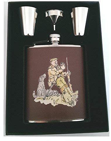 Farm Cottage Brands 6oz Brown Leather Hip flask set with funnel and 2 stainless steel tumblers in a lovely presentation box featuring A hard day's shooting ? pheasant game day shooting (AC13)