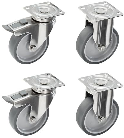 Proroll | Set aus thermoplastischen Gummireifen | Gehäuse Edelstahl | Montageplatte | 2 Lenkrollen mit Stopp | 2 Bockrollen | Rad-Ø x Breite 125 x 32 mm