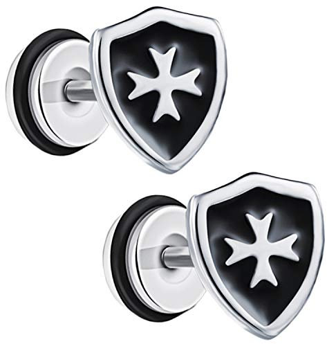 Ditz 1 Paar Ohrstecker Titan mit Ritter Schild Platte zum Schrauben Fake Plug Piercing Ohr Damen Herren Doppel Ohrringe Rund Schwarz 10mm
