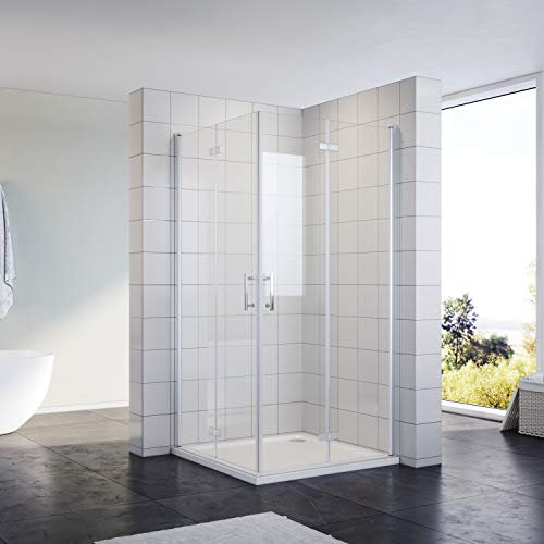 SONNI Drehfalttür Duschkabine 180° Eckeinstieg Dusche Duschabtrennung 90x90x195cm mit Duschtasse