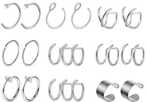 Mayhoop 8 Paar Ear Cuff Edelstahl Ohr Manschette Nicht Piercing Clip auf Knorpel Ohrringe Fake Nasenpiercing Nasenring Fake Helix Lippenpiercing für Männer Damen Silber