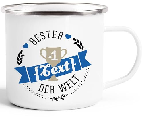 Moonworks® Emaille Tasse Becher Bester Papa, Mama, Oma, Opa etc Kaffeetasse Dein Text Blau weiß-metall Emailletasse