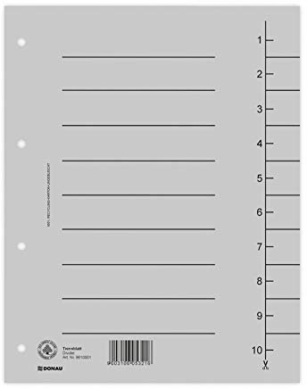 DONAU 8610001-13 100er Pack Trennblätter, Farbe: Grau/ Karton-Register überbreit Aus Recycling-Karton 250 g/qm mit Linienaufdruck für DIN A4 4-Fach Lochung Trennlaschen Trennblätter Ordner Register