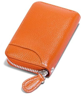 RFID Blocking Leather Wallet for Women Women's Genuine Leather Credit Card Holder Ladies Small Blocked Accordion Wallets with Stainless Steel Zipper Woman Compact Accordian ID Cards Bag Orange