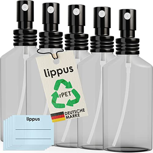 lippus Leere Sprühflasche klein [5 STÜCK] Set 50ml + beschriftbare Etiketten – hochwertiger Metall Zerstäuber - Flasche aus recyceltem PET – Extra stabil und langlebig - Mini Sprayflasche