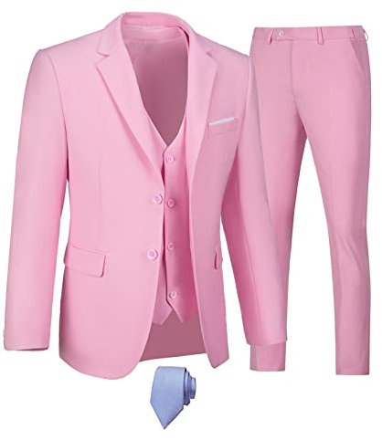 Furuyal Ensemble de costume 3 pièces pour hommes, coupe ajustée, deux boutons, blazer, gilet et pantalon avec cravate, pour mariage et affaires, rose, Taille 3XL