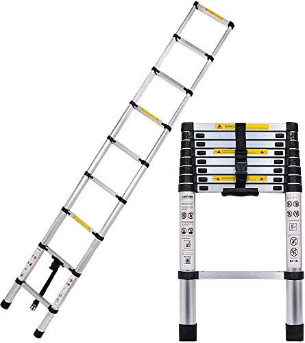 3.2 m Telescopic Ladder with Stabiliser, One Button Retraction Aluminium Telescopic Ladder, Soft Close Design Extension Ladders for Motorhome, Work or Installation Monitoring, 150 kg Capacity