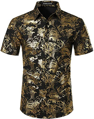PARKLEES Men's Luxury Paisley Shiny Printed Slim Fit Short Sleeve Button Up Dress Shirt Black Gold S