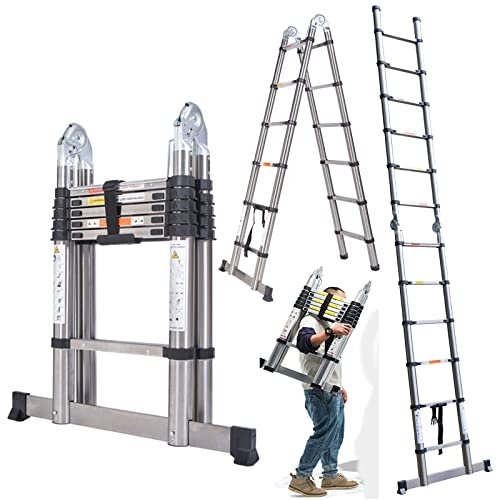 3.8M Telescopic A-Frame Ladder - Heavy Duty Stainless Steel Folding Extension Multi-Purpose Household DIY Home Attic Loft Ladder, 1.9m+1.9m Collapsible, 330lbs Capacity