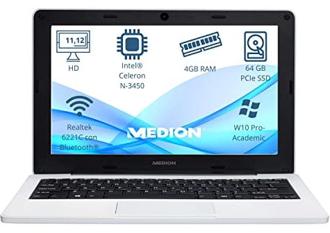 MEDION MD62368 Ordenador Portátil, Intel N3450, RAM 4 GB, Emmc 64 GB, Windows 10 Pro Academic, Educación, AKOYA, 11.6 Pulgadas