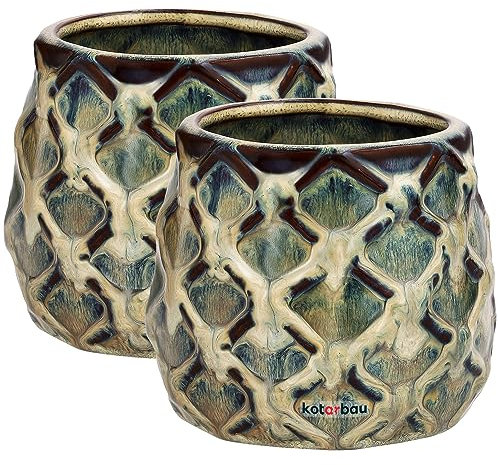 KOTARBAU® 2er Set Keramik-Blumentopf ⌀ 90 mm Übertopf Dunkel mit Ananas-Motiv