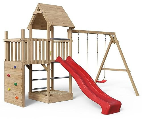 Spielturm Alex 430 - natürlich Lärche - Spielturm mit Kletterwand, Holzdach, Alusprossen, Sandkasten, Doppelschaukel und Rutsche rot