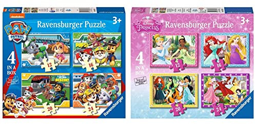 Ravensburger Paw Patrol 4 in Box (12, 16, 20, 24 Pieces) Jigsaw Puzzles for Kids Age 3 Years Up & Disney Princess-4 in Box (12, 16, 20, 24 Piece) Jigsaw Puzzles For Kids Age 3 Years and Up