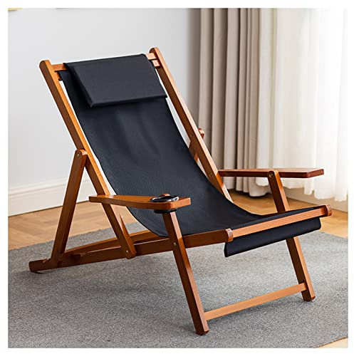 Campingstuhl Klappbarer Strandstuhl Stoff Und Holzrahmen Außensitz Lounge,Klappbarer Sling Chair Für Deck Beach Pool Garden,Schwarz