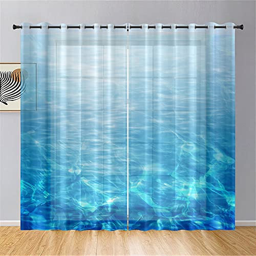 Hiseng 2 Pezzi Tende Voile Trasparente, Decorativi Sheer Tenda per Soggiorno Camera Cameretta Balcone Finestra e Interni,Stile Giapponese Semi Trasparente Tenda Leggera (140x160cm,Il Mare)