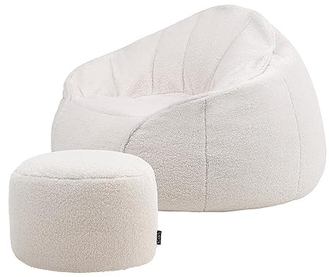 Icon Riviera Sitzsack mit Iggy Hocker, Creme, Sitzsack Erwachsene mit Füllung, Bean Bag, Borg Sherpa Sessel, Lounge Sessel, Lounge Stuhl, Schlafzimmer, Wohnzimmer, Wohnzimmer Möbel