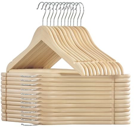 SONGMICS Wooden Hangers, Pack of 24, Coat Hangers, Non-Slip, Pants Bar, 360° Swivel Hooks, for Jackets, Shirts, Coats, Natural Wood UCRW010N24