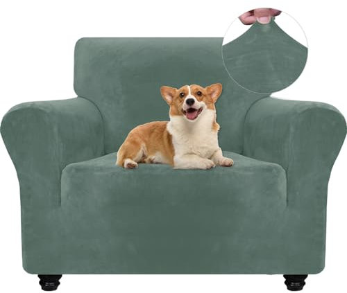 Ystyle Samt Sofabezug 1 Sitzer, Stretch Sofa Überzug, Sofaschoner rutschfest, Elastischer Couch Überzug, Sofa Cover Mit Armlehnen, Sesselschoner Sofaschutz Katze Sesselbezug, Hellgrün