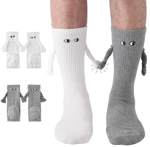 PRAOAHEI 2 Paar Magnetische Socken mit Händen 42-46 Hand in Hand mit Magnetarmen Lustige Alberne Geschenke für Freunde Familie Paar Geburtstag Valentinstag Jahrestag, Grau+Weiß