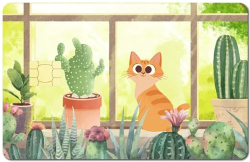 CREATCABIN Katzen-Kartenaufkleber,Kaktus-Design,Debit Kreditkarten,Cartoon-Motive,Personalisieren Bankkarten Schutz Aufklebern,Wasserfest,Entfernbar,Blasenfrei,Für Transport Schlüsselkarten,186x137mm