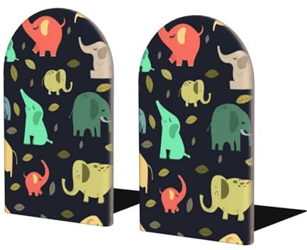 Lot de 2 serre-livres colorés en bois avec imprimé éléphant et feuille pour les amateurs de livres et les organisateurs