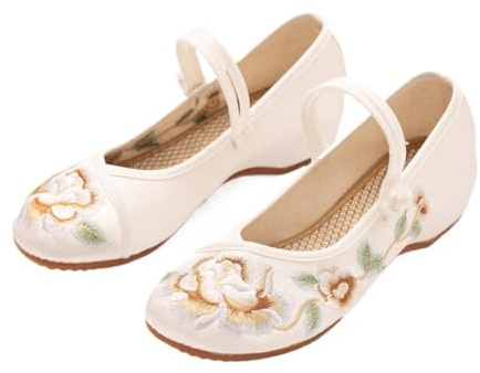 xinrishe 2024 Summer Satin Floral Embroidered Shoes Chinese Traditional Style Shallow Mouth Casual Shoes Mary Jane Flats Shoes For Stage Show Prom(Color:White,Size:7 UK)