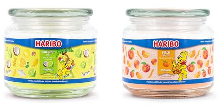 Haribo Duftkerzen im Glas mit Deckel | 2er Set Coconut Lime & Peach Paradise (300g) | Kerzenset für Zuhause | Fruchtige Duftkerzen mit langer Brenndauer (50h)