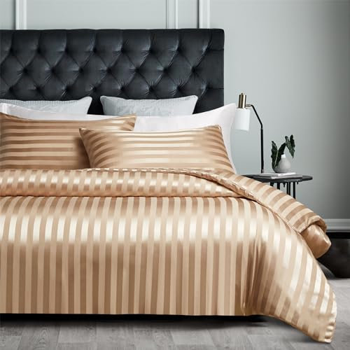 YASMENG Bettbezug, Satin, 240 x 260 cm, Beige / Gold, gestreift, glänzend, Deluxe, Bettwäsche, weich, seidig, für Doppelbett, Erwachsene, mit Reißverschluss, mit Kopfkissenbezügen, 65 x 65 cm