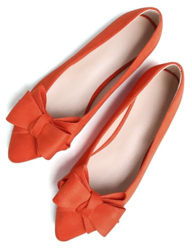 SAILING LU Bow-Knot Ballet Flats for Women Pointed Toe Crystals Wedding Shoes Comfort Light Weight Loafers, 241-orange Red, 5.5 UK