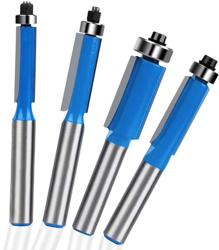 4 Pezzi Kit Frese per Legno 8 mm Gambo - Fresa a Taglienti Diritti Con Top End Cuscinetto per Rifilare e Lavorazione del Legno