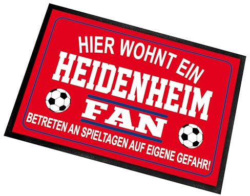 Fußmatte für Fußball Fans | Türmatte mit Spruch | 60x40cm | Hier wohnt ein Heidenheim Fan - Betreten an Spieltagen auf eigene Gefahr! | für innen und außen | Vorleger für die Haustür / Flur