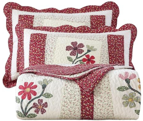 vctops Gestepptes Tagesdecken-Set mit weihnachtlichem Blumenmuster, 100% Baumwolle, wendbar, Patchwork, 1 Steppdecke und 1 Kissenbezug, Rot, Doppelbett, 2-teilig