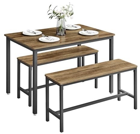VASAGLE Dining Table with 2 Benches, 3 Piece Set, Kitchen Table of 70 x 110 x 75 cm, 2 Benches of 30 x 97 x 50 cm Each, Steel Frame, Honey Brown and Ink Black KDT070B41