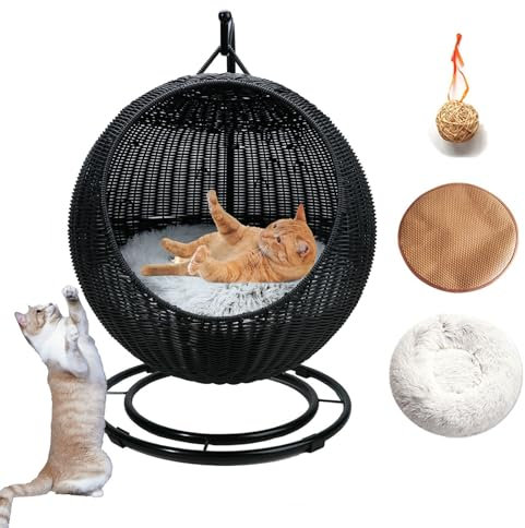 DLLDLGG Hanging Cat Bed for Cats, Hand Made Cat Swing Bed with Removable Cushion & Hanging Ball, Cat Beds for Indoor Cats Small Dogs, Cat Supplies for Indoor Cats(Black)