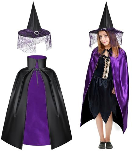 AYBUY Costume da Strega Bambini, Mantello da Strega con Cappello Viola, Vestito da Strega per Bambina, Streghetta Witches Vestiti di Halloween Carnevale Cosplay per Ragazze(70cm)