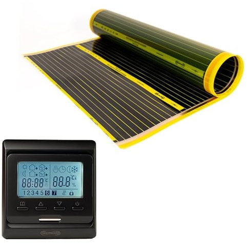 Warmcoin™ PTC Infrarot Heizfolie, elektrische Fußbodenheizung, 100 cm, Set, 190 W/m² mit und ohne Thermostat (W51 Schwarz thermostat, 3 lm = 3m²)