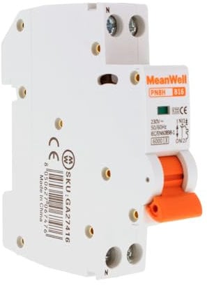 MeanWell Interruttore Magnetotermico Curva B, 2P 1M 6kA, MCB 1P+N B16 16A, Slim Occupa Solo 1 Modulo DIN
