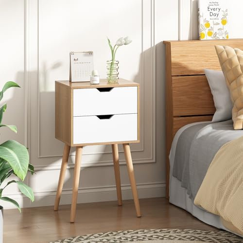 LeFluffy Bedside Table, Side End Table with 2 Drawers, Nightstand with Storage Drawer and Shelf, Side Table with Solid Wood Legs, Night Stand for Bedroom, Living Room, Office (White)