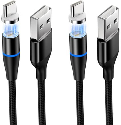 Magnetic Type-C Charging Cable - 2 PCS 6.6ft QC 3.0 Fast Charge & Data Transfer Cable with LED Light for Type-C Devices - Strong Connection