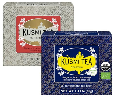 Kusmi Tea - Anastasia + St-Petersbourg - Lot de 2 boîtes - Thé Noir Biologique à la Bergamote + Thé Noir Bio avec Fruits Rouges, Caramel, Vanille et Bergamote - Earl Grey - 2x20 Sachets de Thé
