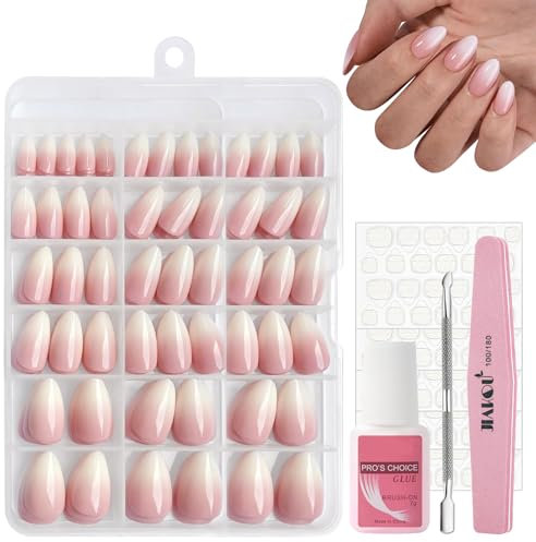 240Pcs French Ombre Press on Nails Short, Natural Gradient Pink False Nails Kit, Ombre Almond Fake Nails Pink Tips, 12 Sizes Glossy Full Cover Stick on Nail with Glue for Women Girls Nails Art
