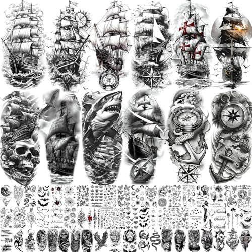 71 Sheets Sailing Ship Temporary Tattoos For Men Adults Forearm, Half Arm Sleeve Tattoos For Women Pirate Compass Anchor Faith Belief Family, Realistic Fake Tattoo Stickers Sea Wave Skull Shark